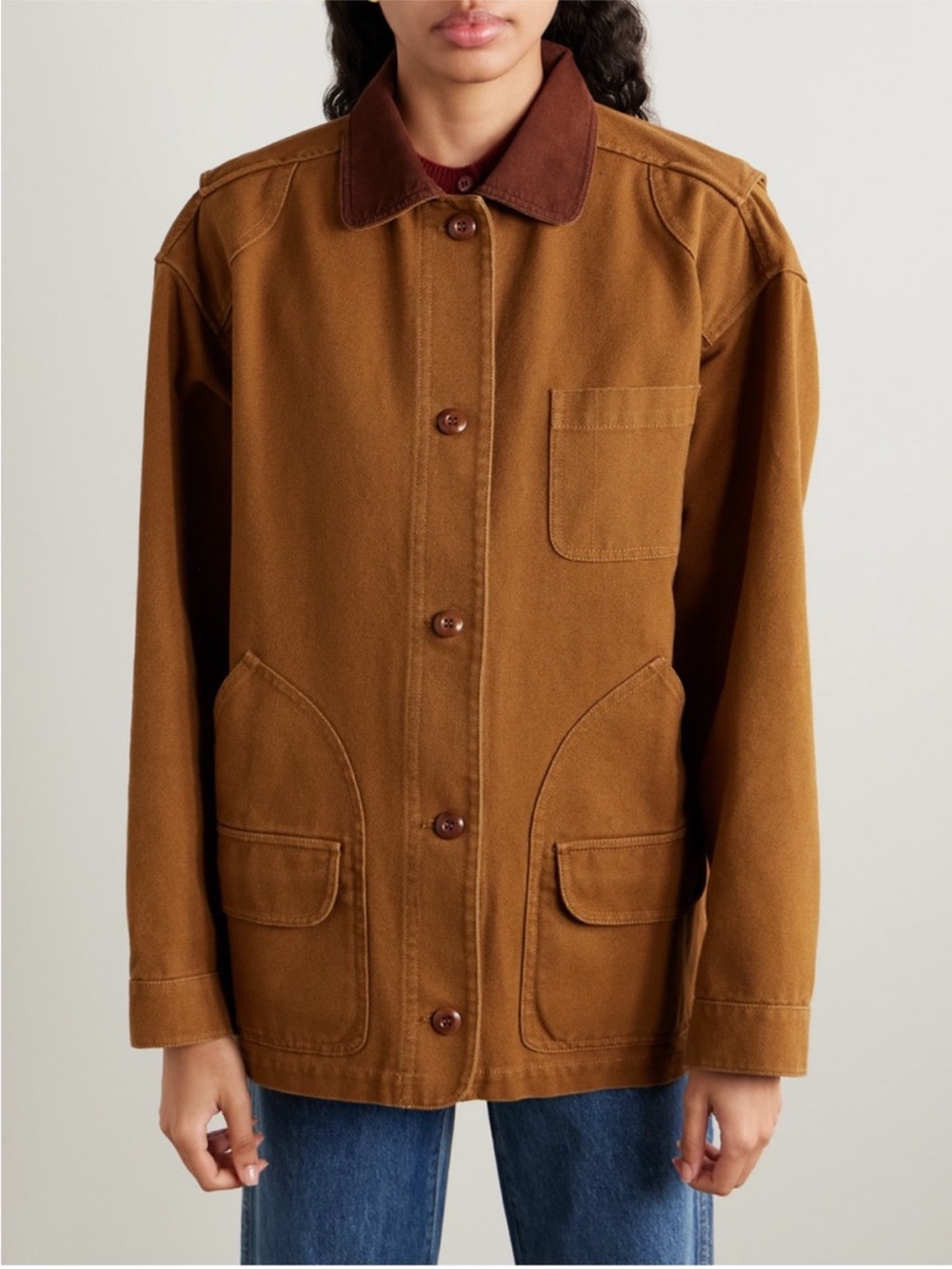 NWT Doen Pascual corduroy-trimmed cotton-canvas jacket, Brown Willow Bark, Large